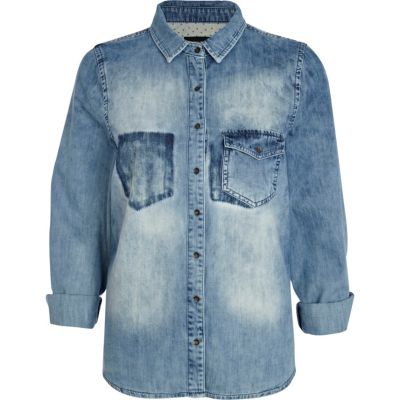 Light wash patch pocket denim shirt