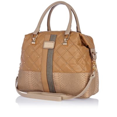 Beige quilted contrast panel bowler bag 