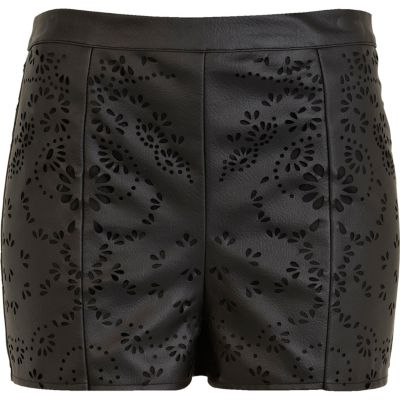 Black leather look laser cut shorts 