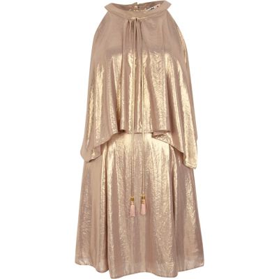 Gold Chelsea Girl metallic frill front dress