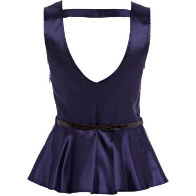 Dark blue satin belted peplum top