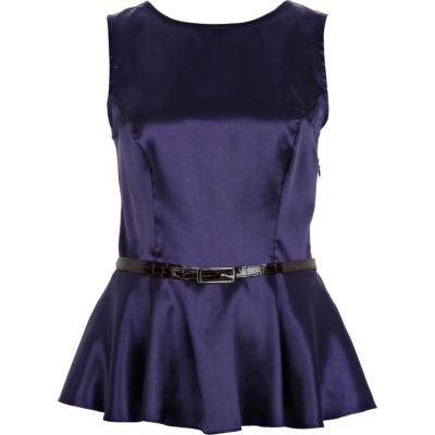 Dark blue satin belted peplum top