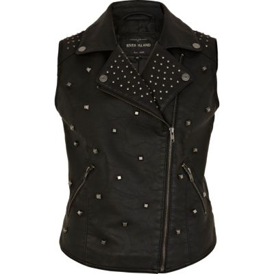 Black leather look studded biker gilet