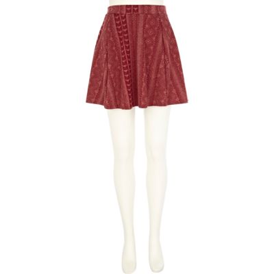 Red geometric print skater skirt