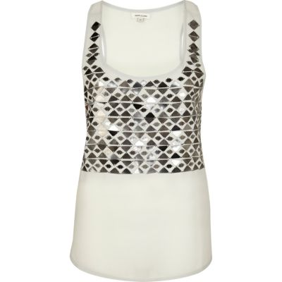 Grey mirror sequin embellished vest top