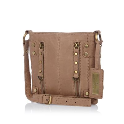 Khaki leather mini zipped messenger bag