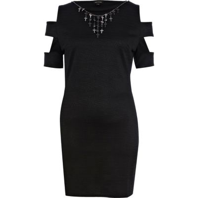 Black cut out cross bodycon necklace dress