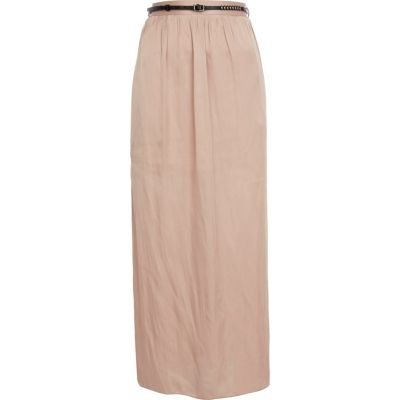 Beige side split belted maxi skirt