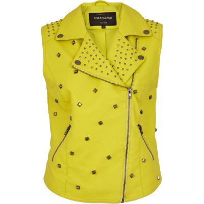 Yellow leather look studded biker gilet