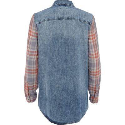 Denim contrast check sleeve boyfriend shirt 
