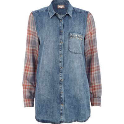 Denim contrast check sleeve boyfriend shirt 