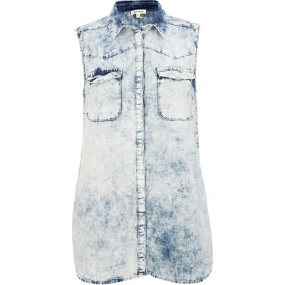 Light acid wash diamante cross back shirt