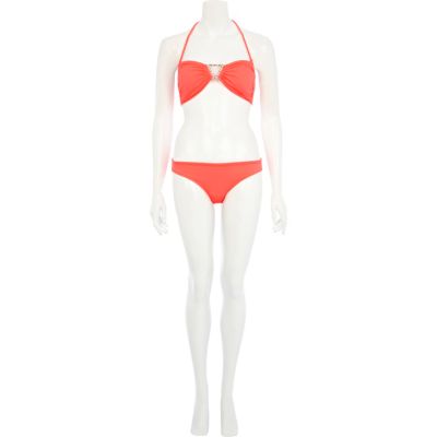 Coral diamante triangle bandeau bikini top