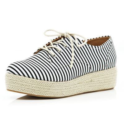 Black stripe espadrille lace up flatforms 