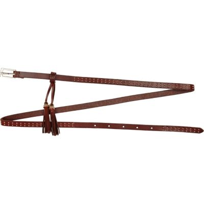 Brown studded tassel skinny waist belt