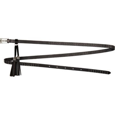 Black studded tassel skinny waist belt