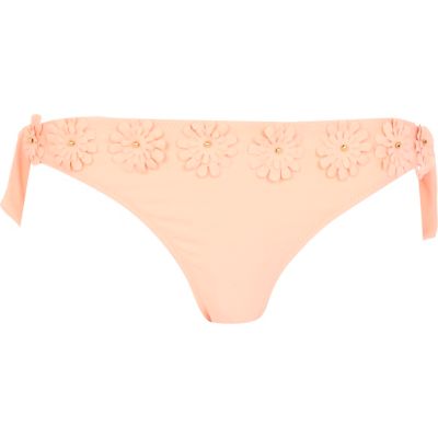 Orange 3D flower tie side bikini bottoms
