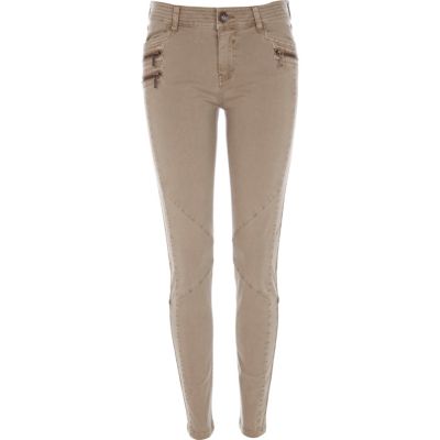 Beige washed skinny combat trousers