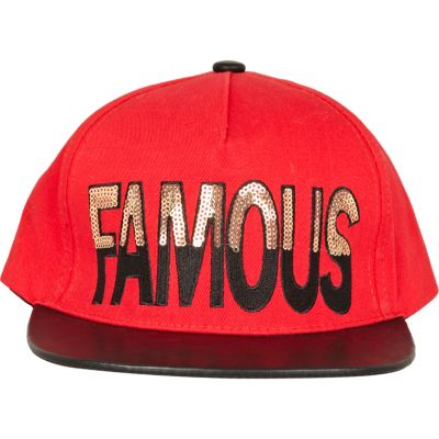 Red leather look peak famous trucker hat