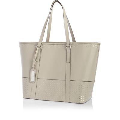 Grey leather studded panel tote bag 
