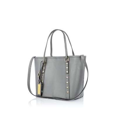 Grey leather mini studded tote bag