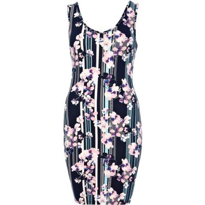 Blue floral stripe print bodycon dress