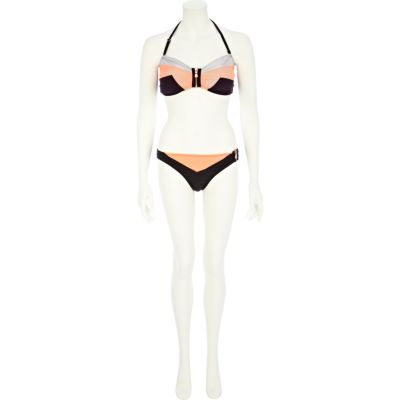 Coral colour block zip bikini bottoms