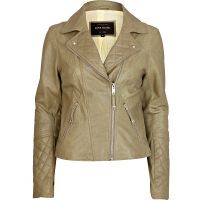 Green leather quilted biker jacket
