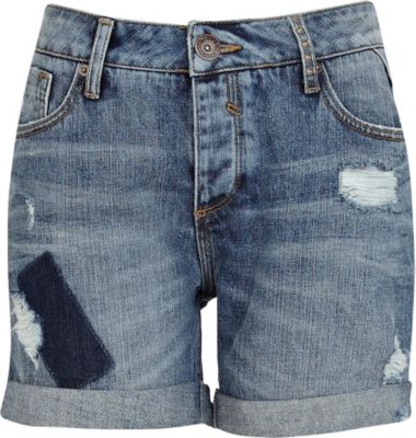 Mid wash distressed denim boyfriend shorts