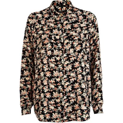 Black ditsy floral print oversized shirt