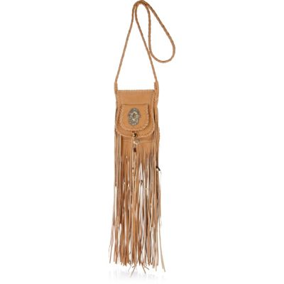 Tan western fringed cross body bag
