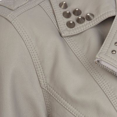 Grey studded collar leather look biker jacket