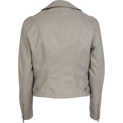 Grey studded collar leather look biker jacket