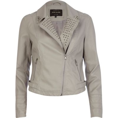 Grey studded collar leather look biker jacket