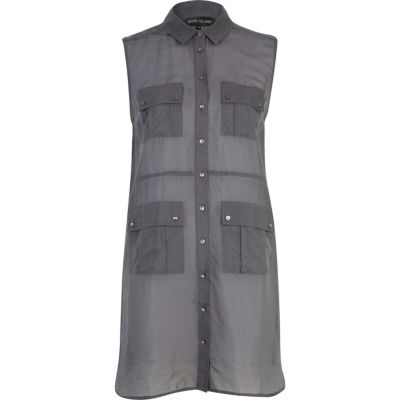 Grey sleeveless longline utility shirt
