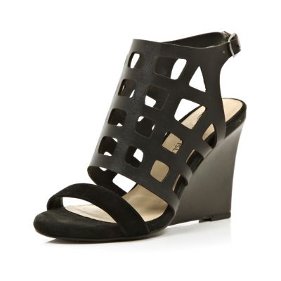 Black cut out caged wedge sandals