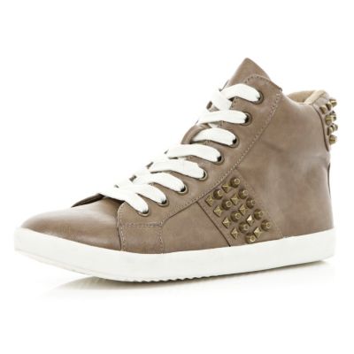 Beige studded leather look high tops