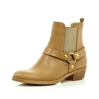 Beige stirrup western ankle boots