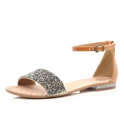 Brown embellished ankle strap sandals