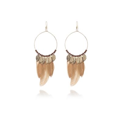 Brown feather hoop earrings