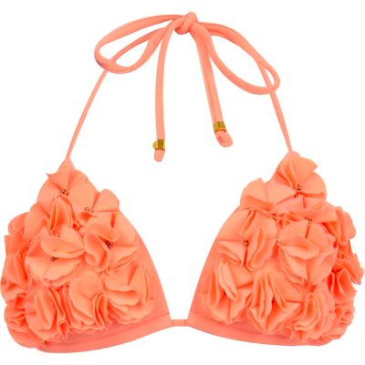 Coral flower stud halter neck bikini top