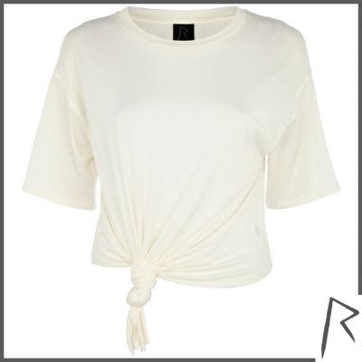 Cream Rihanna knot front cropped t-shirt