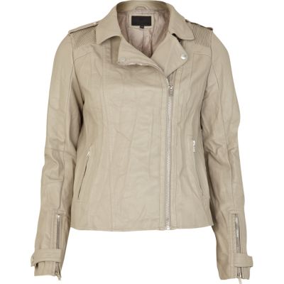Beige pleat shoulder leather look jacket