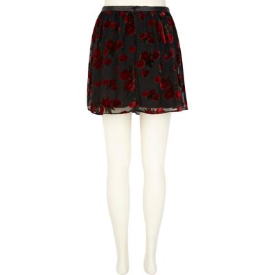 Black floral devore print skater skirt
