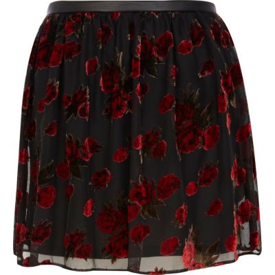 Black floral devore print skater skirt