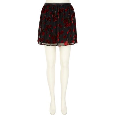 Black floral devore print skater skirt