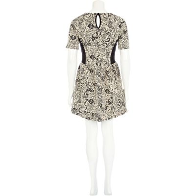 Cream jacquard contrast panel skater dress