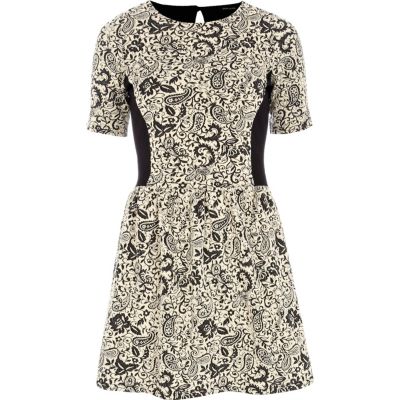 Cream jacquard contrast panel skater dress