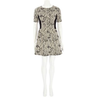 Cream jacquard contrast panel skater dress