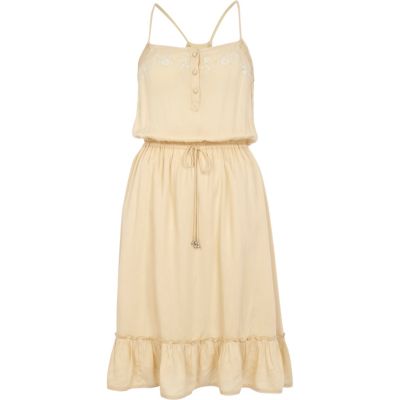 Beige floral embroidered frill hem cami dress